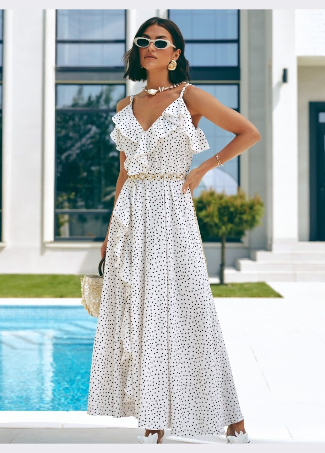Летний женский длинный сарафан белого цвета в горох Dressa в горошек