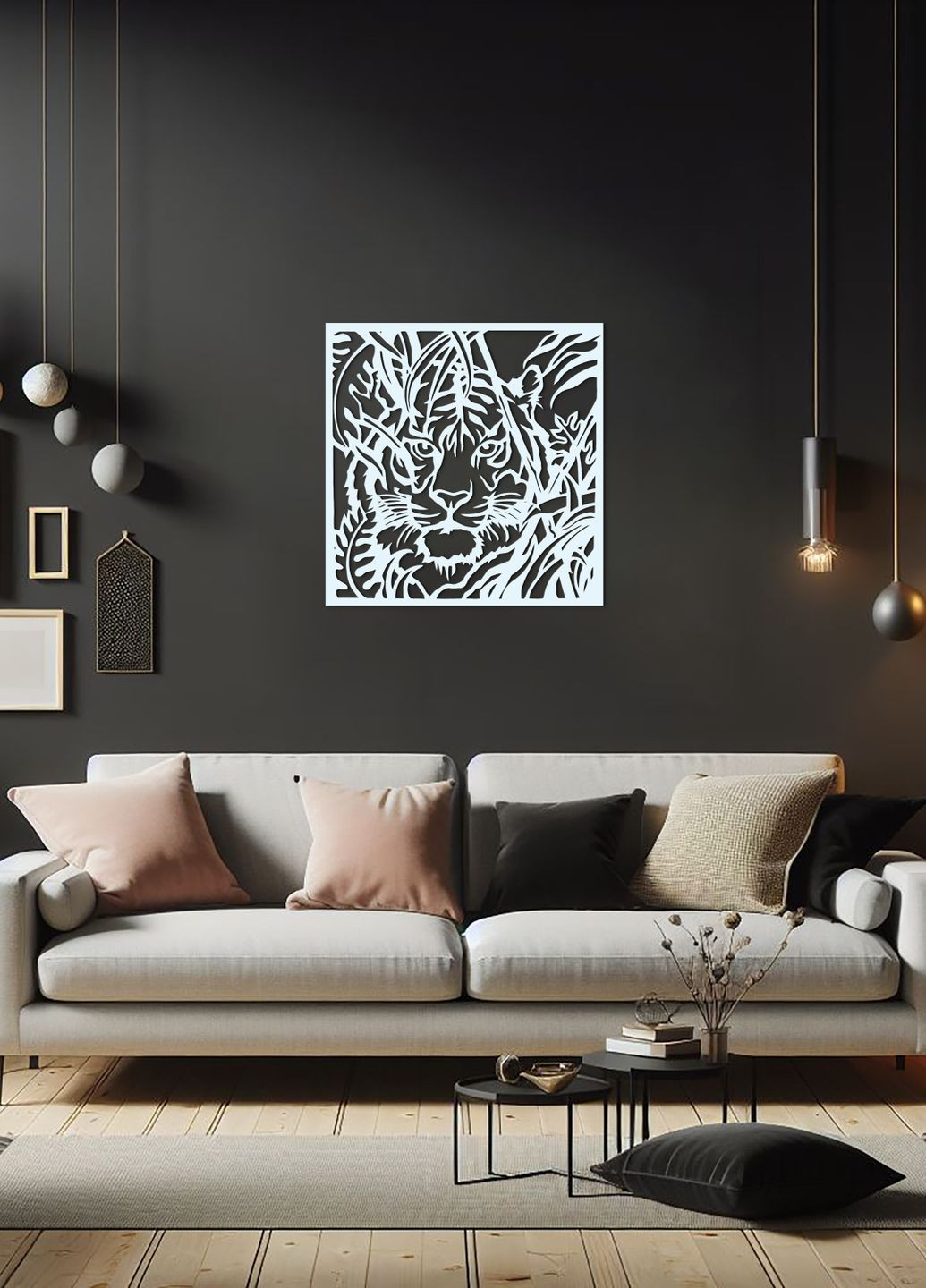 Современные картины для интерьера, современный декор стен "Охота тигра", минималистичный стиль 70х75 см Woodyard (292112004)