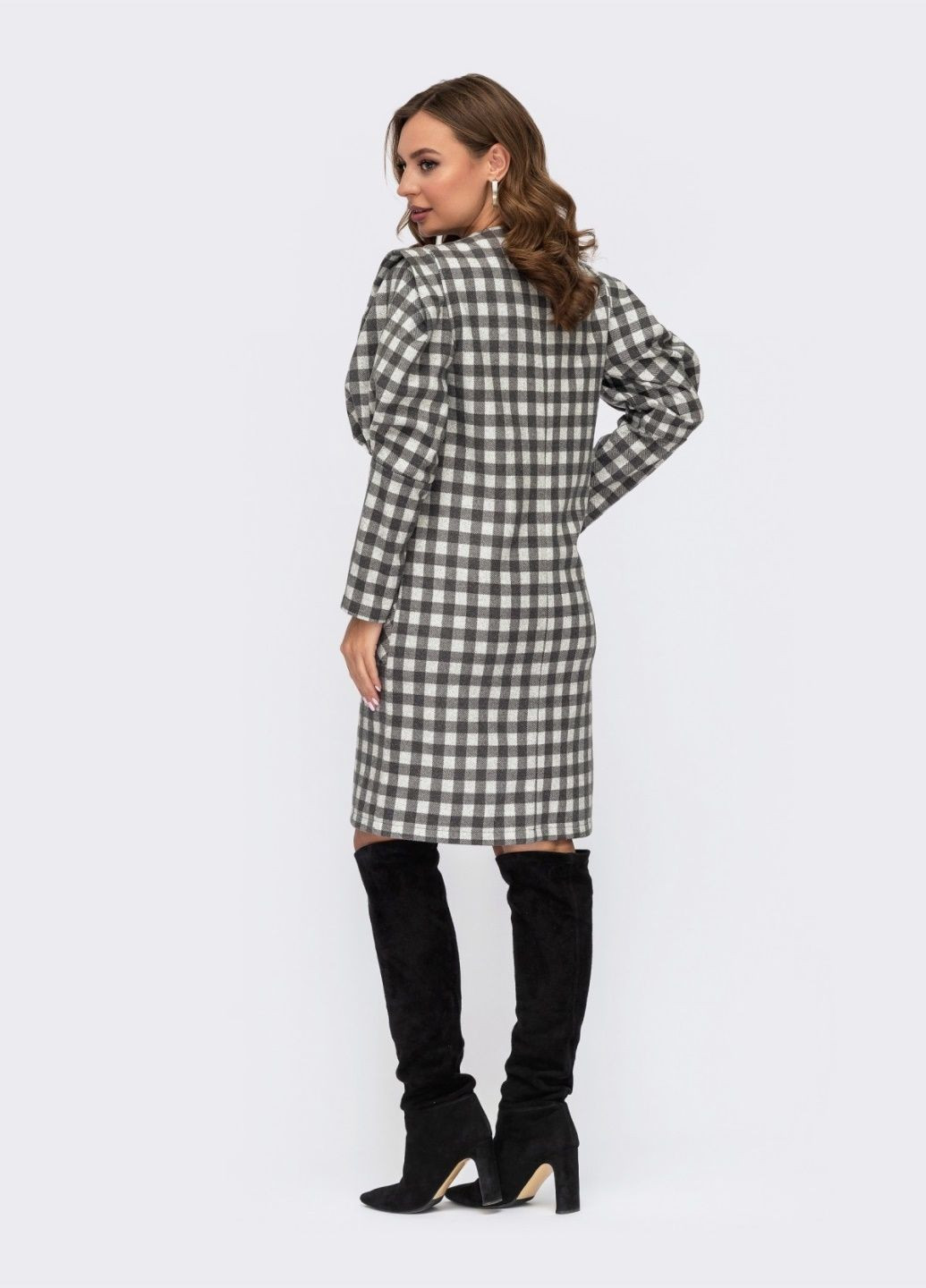 Серое кэжуал серое платье в клетку с объемными рукавами и накладными карманами Dressa в клетку