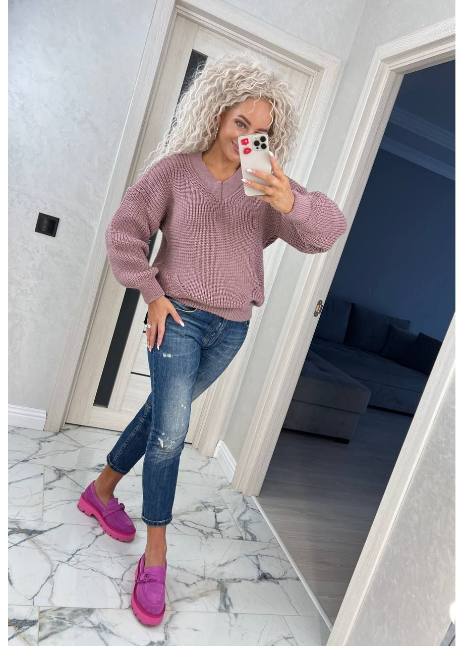 Пудровый демисезонный женский полушерстяной свитер с фактурной вязкой джемпер No Brand