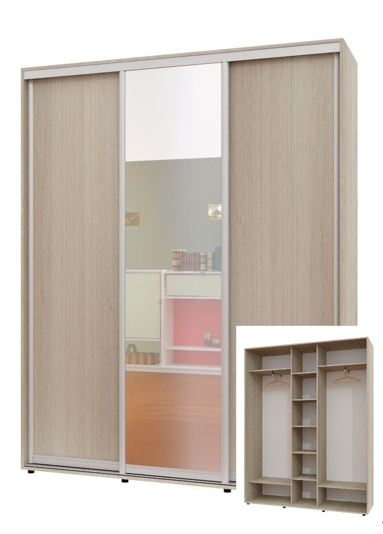 Шкаф-купе трехдверный 200*45*250 см Дуб Шамони светлый 3 двери ДСП + Зеркало + ДСП ШК-04 Алекса (360452470)