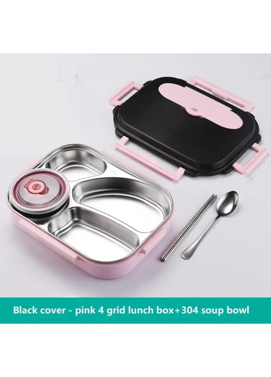 Ланч-бокс розовый 1.6 л из нержавеющей стали 304 на 4 отделения, контейнер для еды со столовыми приборами в комплекте No Brand (364191268)
