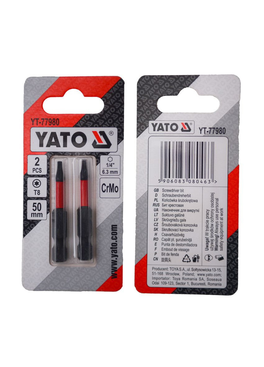Насадка отверточная TORX T8 х 50 мм. HEX 1/4", хром-молибден, 2 шт. YATO (392886721)