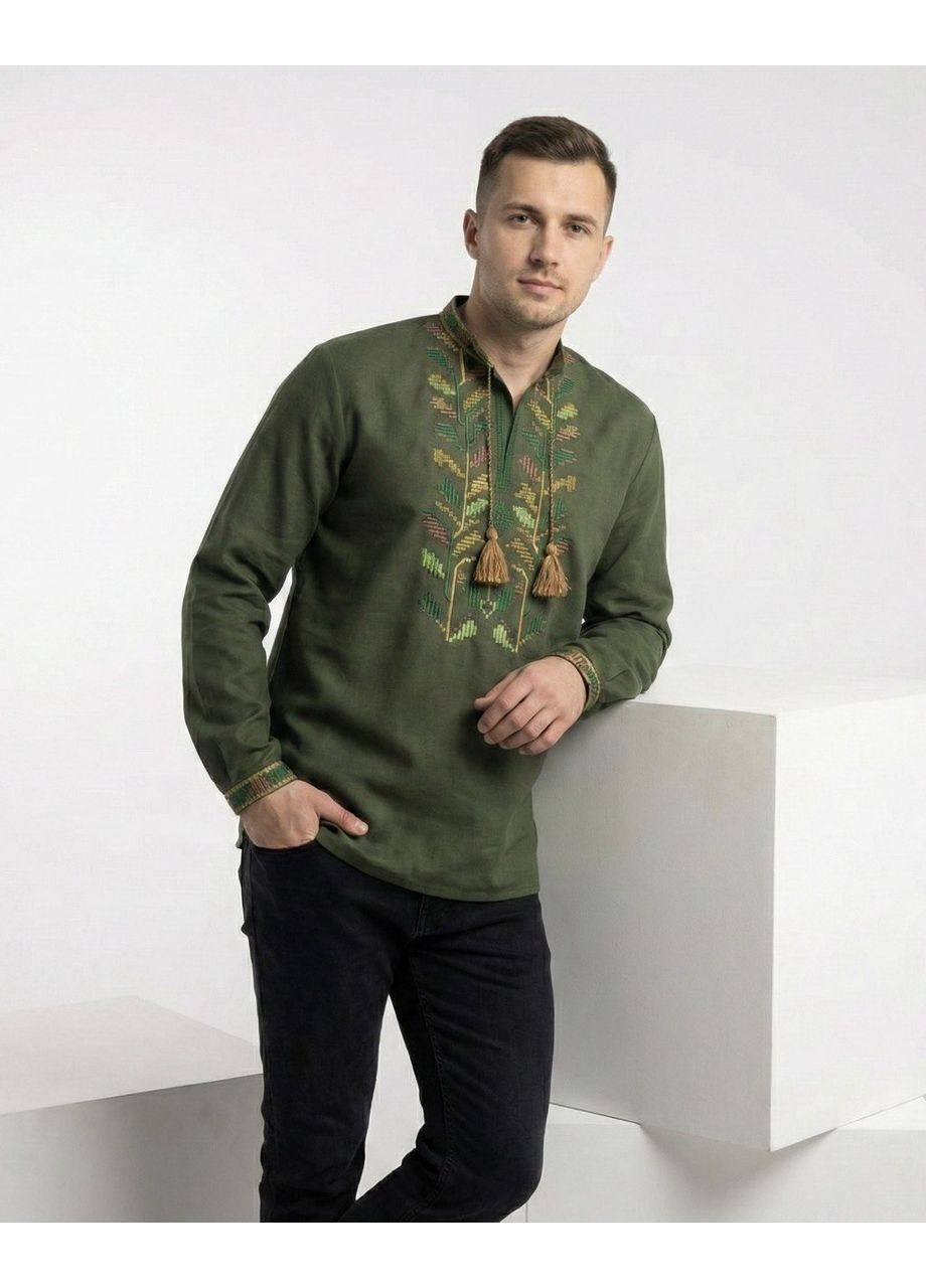 Хакі чоловіча вишиванка хакі на довгий рукав із домотканого полотна візерунок орнамент пряма бавовна (373650533)