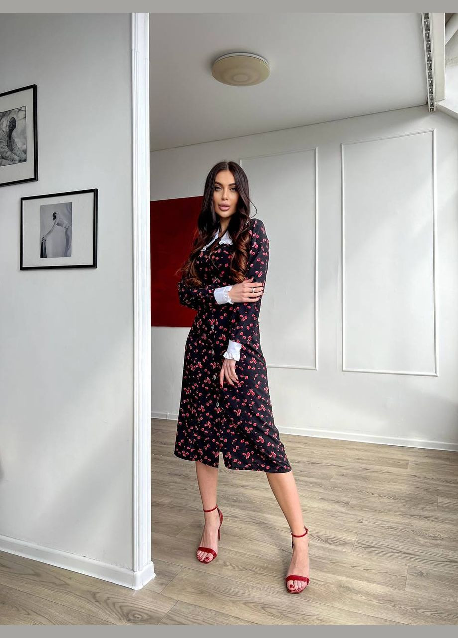 Черное яркое лёгкое летнее платье из качественного софта в цветочном принте,черное платье-миди на пуговицах с длинным рукавом No Brand