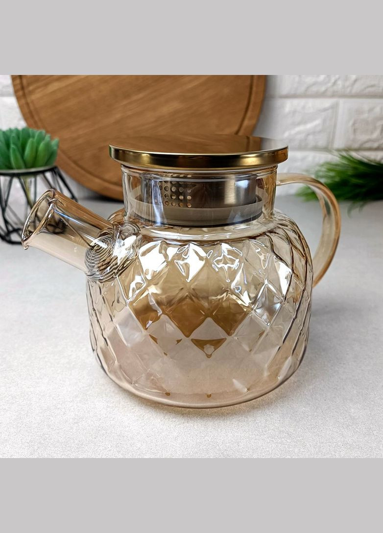 Стеклянный чайник на подставке-подогреве 1л Золото Сетка No Brand (314874442)