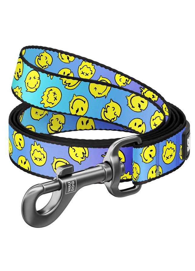 Повідець для собак WAUDOG Nylon Смайли на блакитному нейлоновий для великих собак ширина 25 мм довжина 122 см ProDobro (373236124)