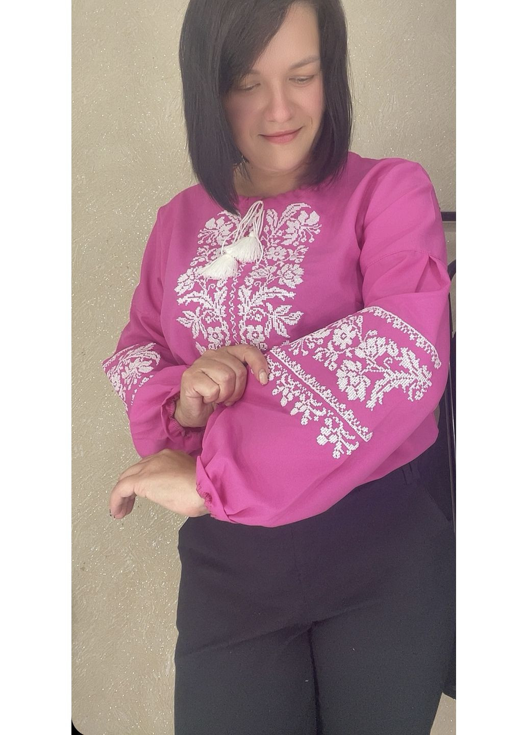 Рожева жіноча вишиванка НоКо вільна шифон (349507972)