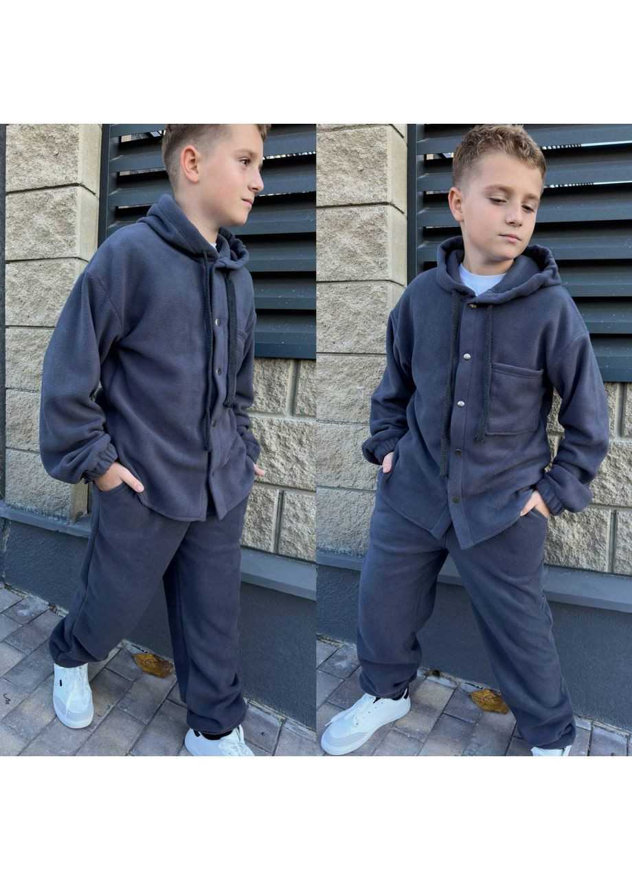 Серый костюм для мальчиков флис полар двухсторонний полированный,рубашка на кнопках с капюшоном и брюки Україна