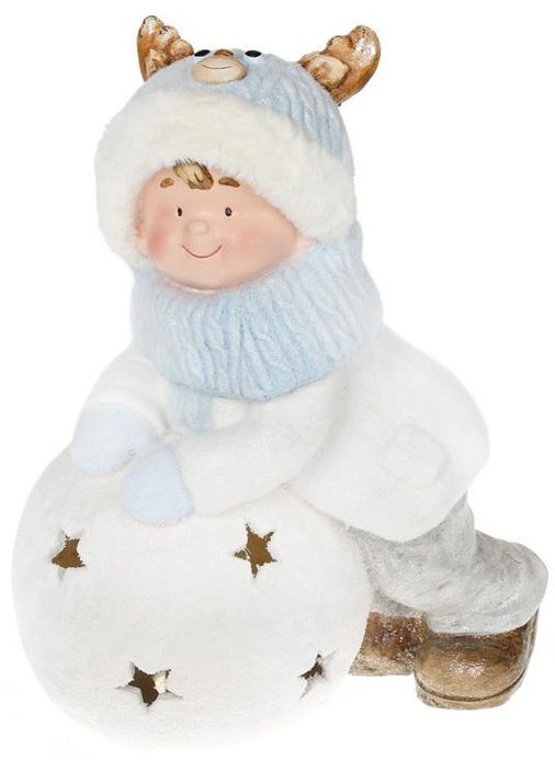 Фігура керамічна Малюк у шапці-олені на сніжці 43.5см з LED-підсвічуванням для зимового декору Bona (368990029)