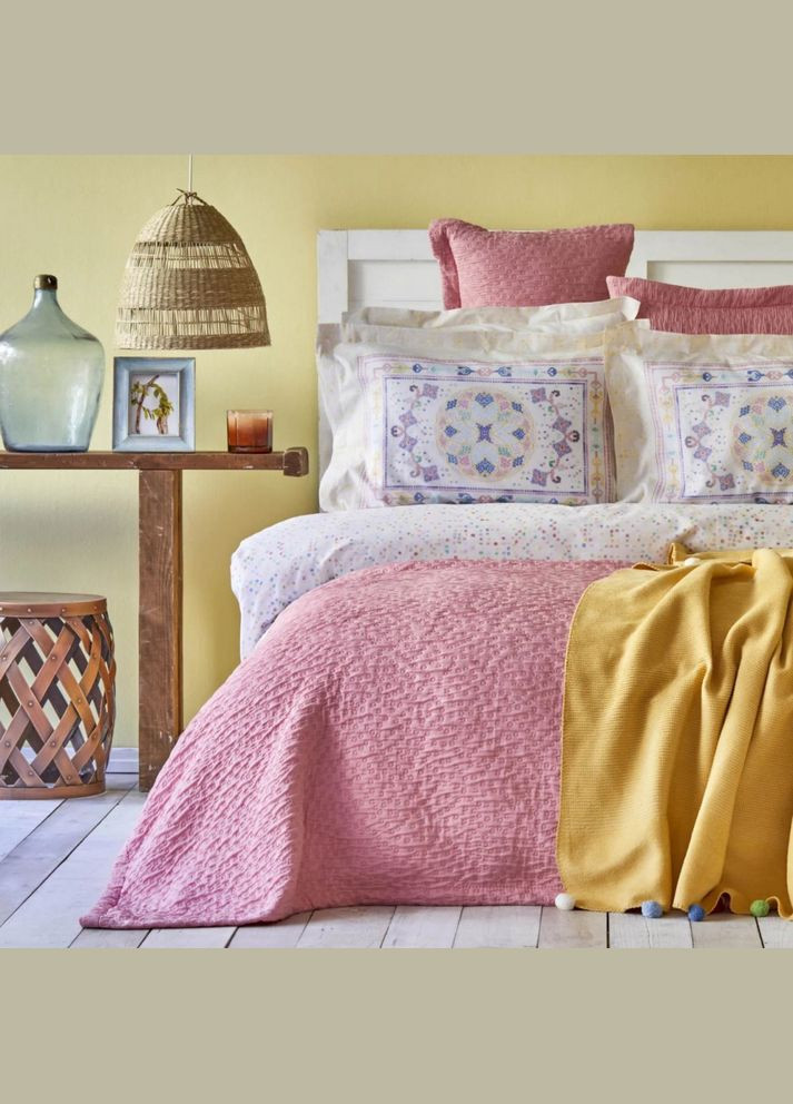 Набор постельное белье с покрывалом + плед Bonbon pembe розовый евро (8) Karaca Home (285778529)