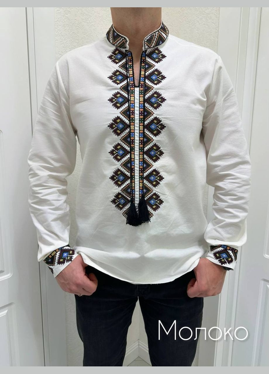 Молочная мужская вышитая рубашка "мозаика" ESQ прямой, свободная хлопок (322766364)