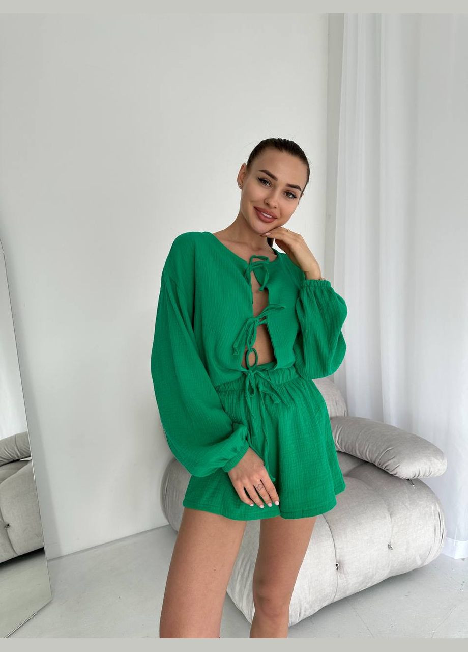 Зеленая женская пижама муслин рубашка + шорты No Brand