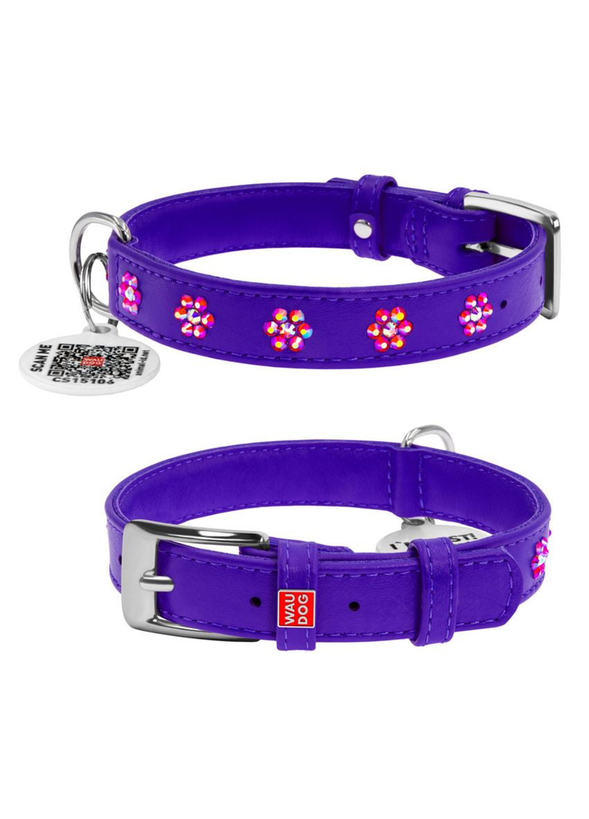 Ошейник для собак кожаный Glamour с QR паспортом, с клеевыми стразами "Цветочек", Ш 20 мм, Дл 30-39 см фиолетовый WAUDOG (322736672)