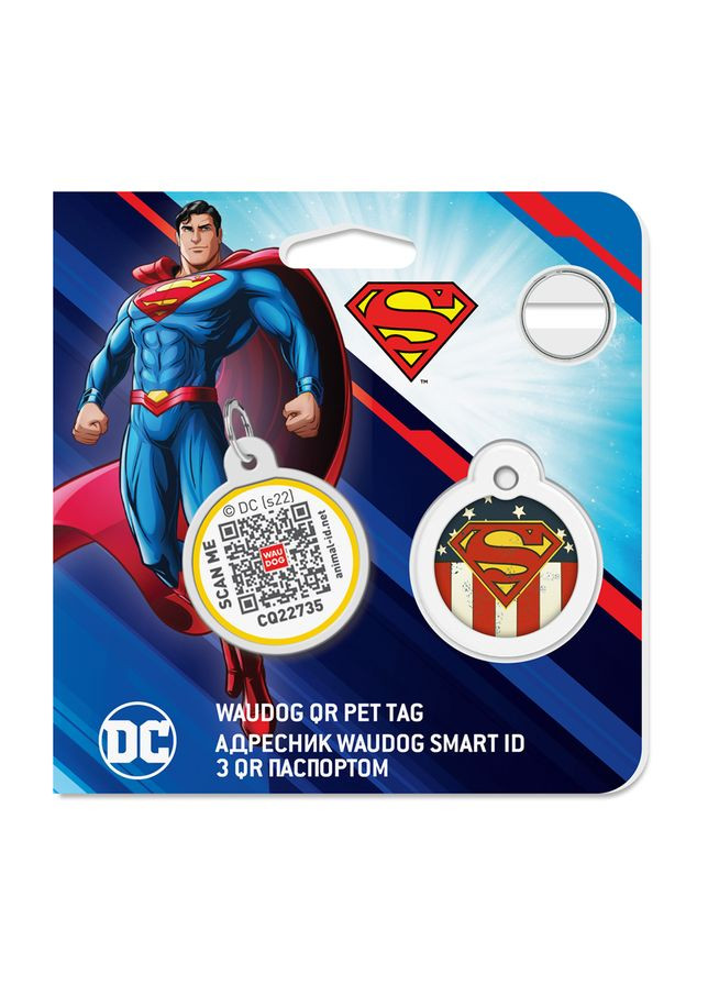 Адресник металлический Smart ID c QR паспортом, рисунок "Супермен Америка", круг, Д 25 мм Русско-англ. WAUDOG (330245242)