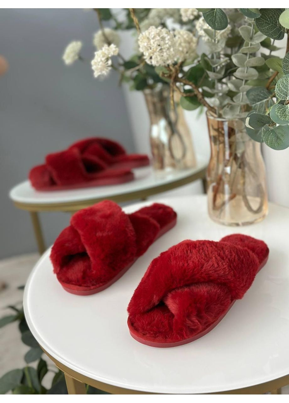 Бордовые женские меховые тапки бордовые с перекрестком / домашние тапочки бордового цвета из мягкого искусственного меха / уютные женские тапочки No Brand