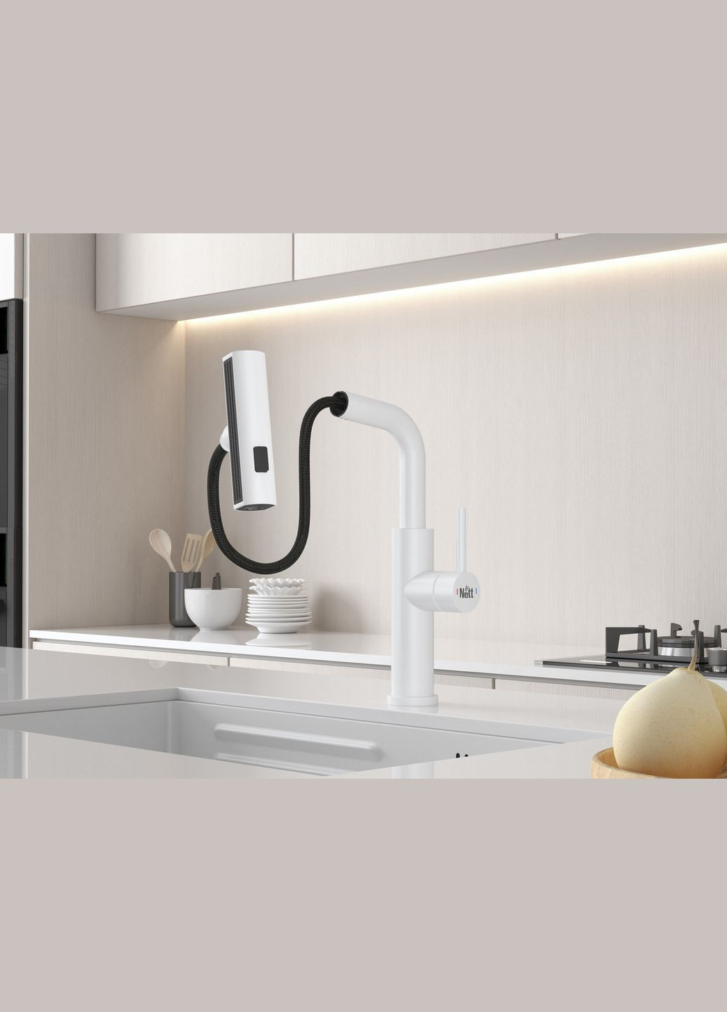 Змішувач на кухню водоспад з висувною лійкою білий LW-35 Nett (337718082)