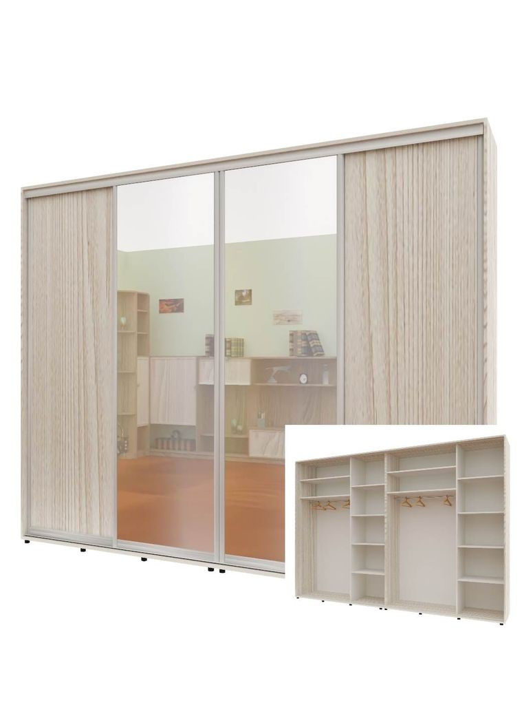 Шкаф-купе четырехдверный Комфорт Мебель 300*45*240 см Дуб Беленый ДСП + Зеркало + Зеркало + ДСП Стандарт Комфорт Меблі (360433877)