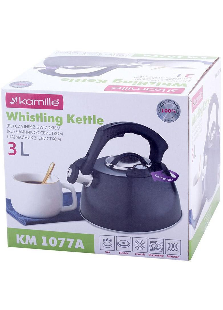 Чайник Whistling Kettle Thermo 3л з нержавіючої сталі зі свистком і термометром, чорний Kamille (329898082)