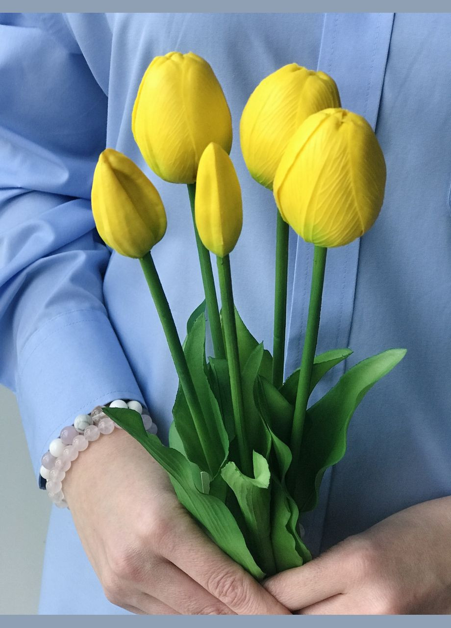 Тюльпани штучні латексні жовті, букет із 5 бутонів Real Touch, для декору, подарунок HVOYA (323654291)