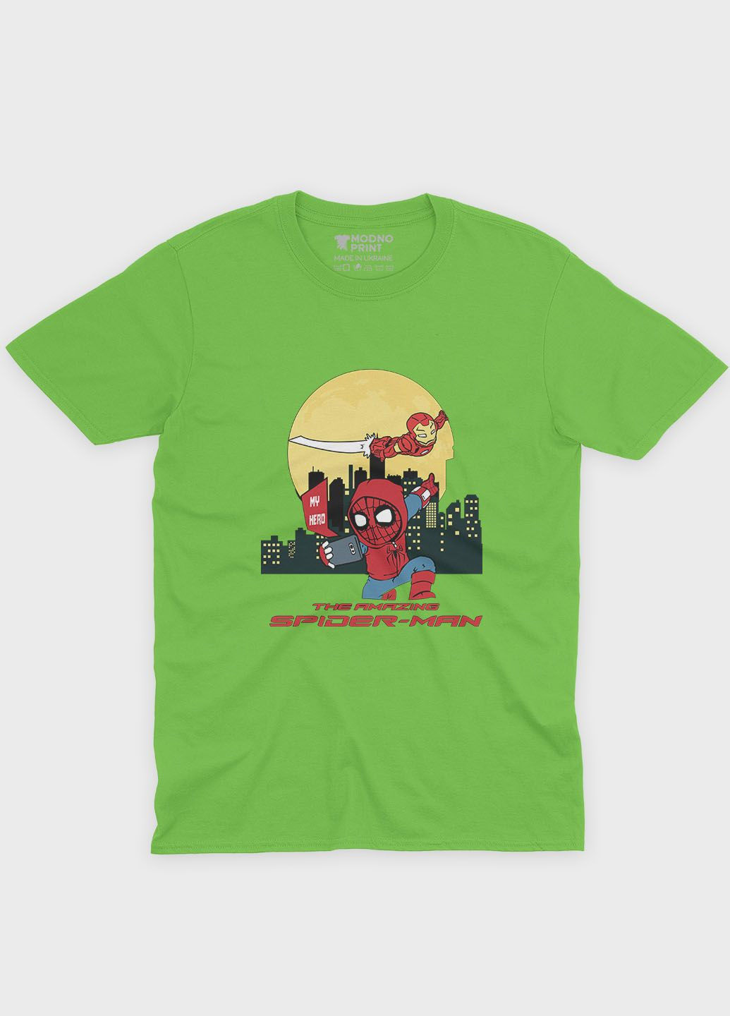 Салатова демісезонна футболка для хлопчика з принтом супергероя - людина-павук (ts001-1-kiw-006-014-058-b) Modno
