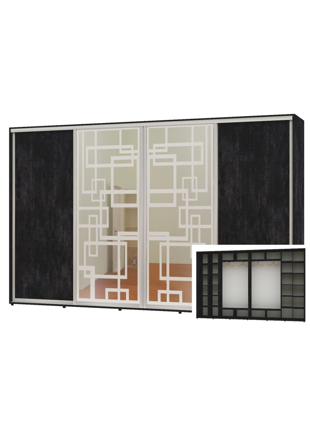 Шкаф-купе четырехдверный 370*45*220 Бетон темный 2 ДСП/2 Зеркала с пескоструйным рисунком Алекса (360478959)