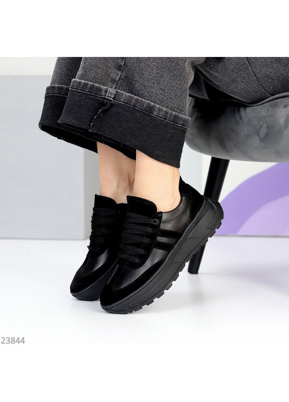 Чорні шкіряні жіночі кросівки, шкіряні кросівки прошиті код 23844 Mermaid Step чорні демісезони (352503750)