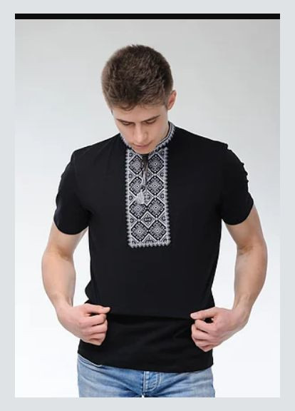 Чёрная мужская вышиванка члрна с серым Melanika узор однотонный прямой трикотаж (322301691)