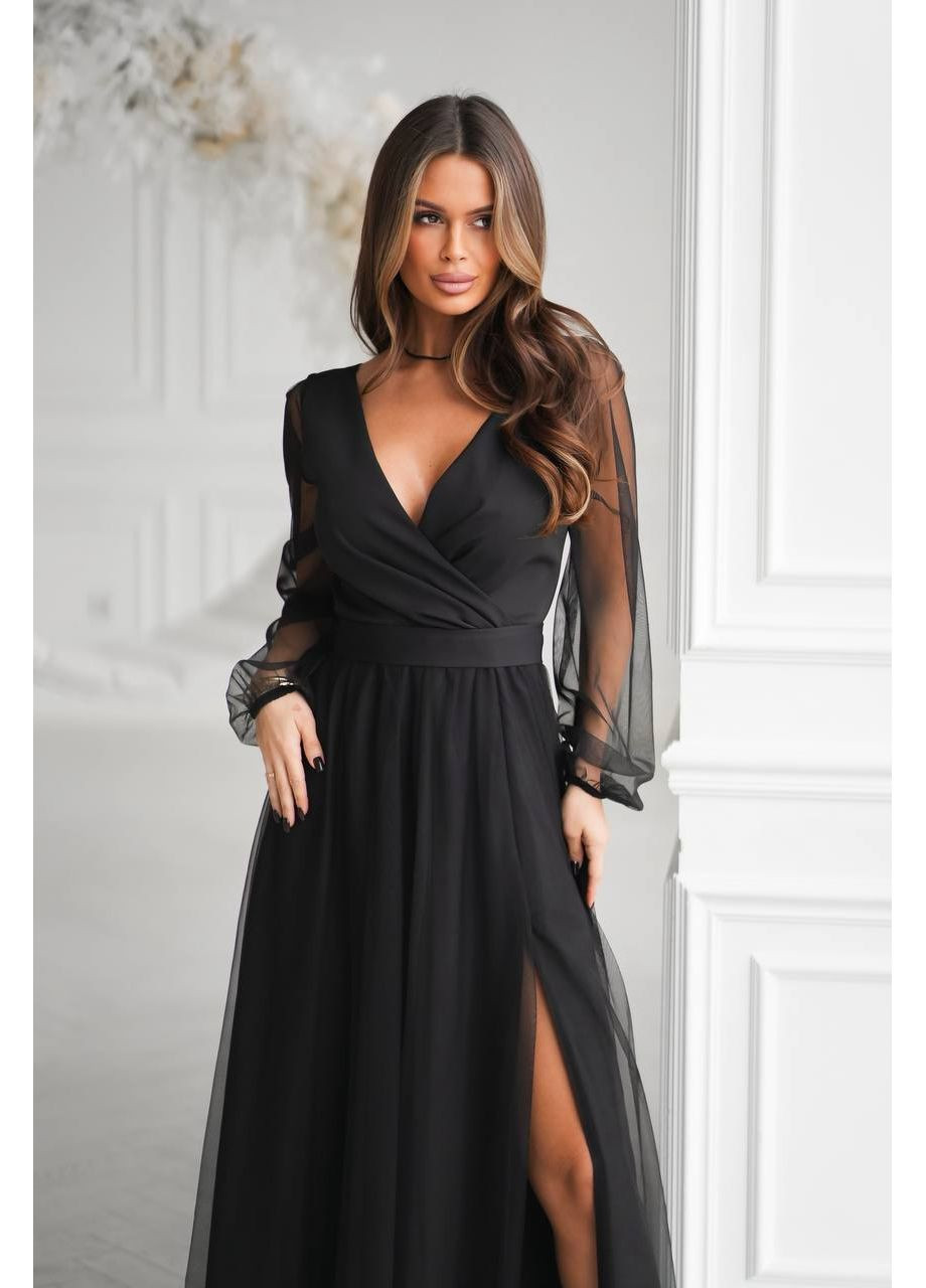 Черное платье 7567 длинное с сеткой мягкой и разрезом высоким по ноге, костюм + сетка Україна