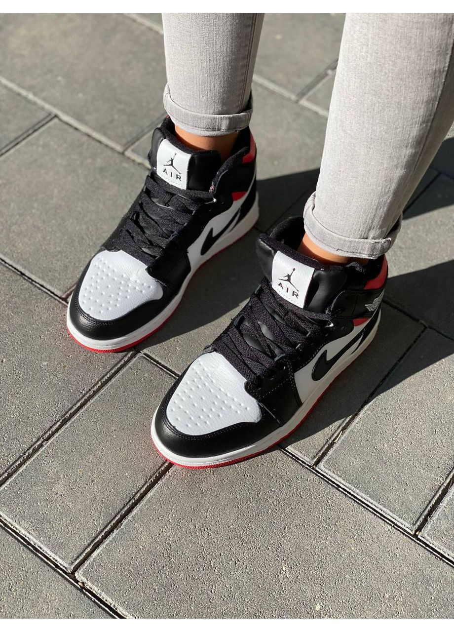 КРОССОВКИ ЖЕНСКИЕ NIKE AIR JORDAN 1 RETRO MID RED WHITE BLACK НАЙК АИР ДЖОРДАН No Brand чёрные зима (367176816)