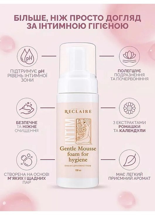 Пінка-мус для інтимної гігієни Intim Gentle Mousse Foam For Hygiene 150ml (1283858-31102479) Reclaire cosmetics (368612337)