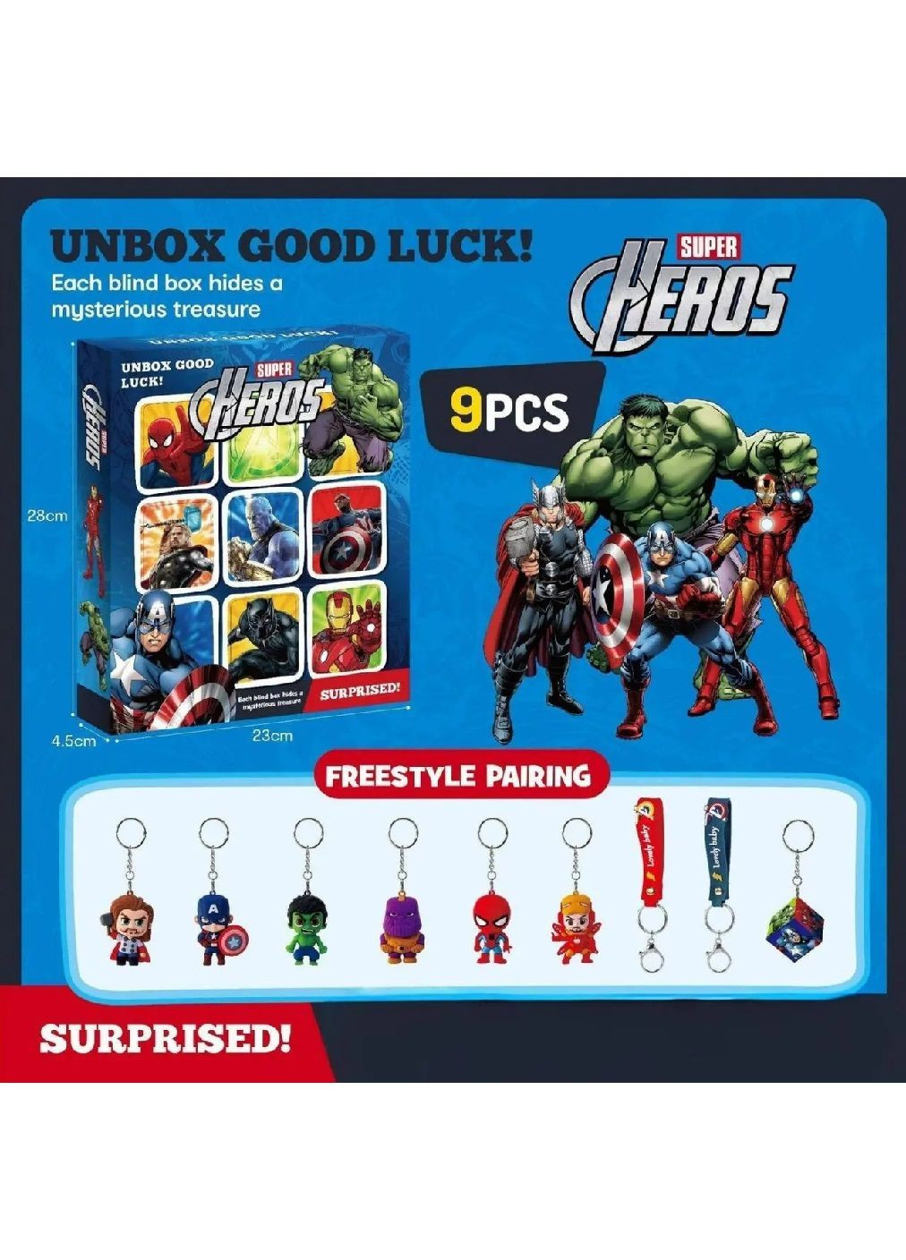 Комплект адвент календар з іграшками фігурками брелоками для дітей хлопчиків дівчаток 9 комірок (482297-Prob) Супергерої Unbranded (373187633)