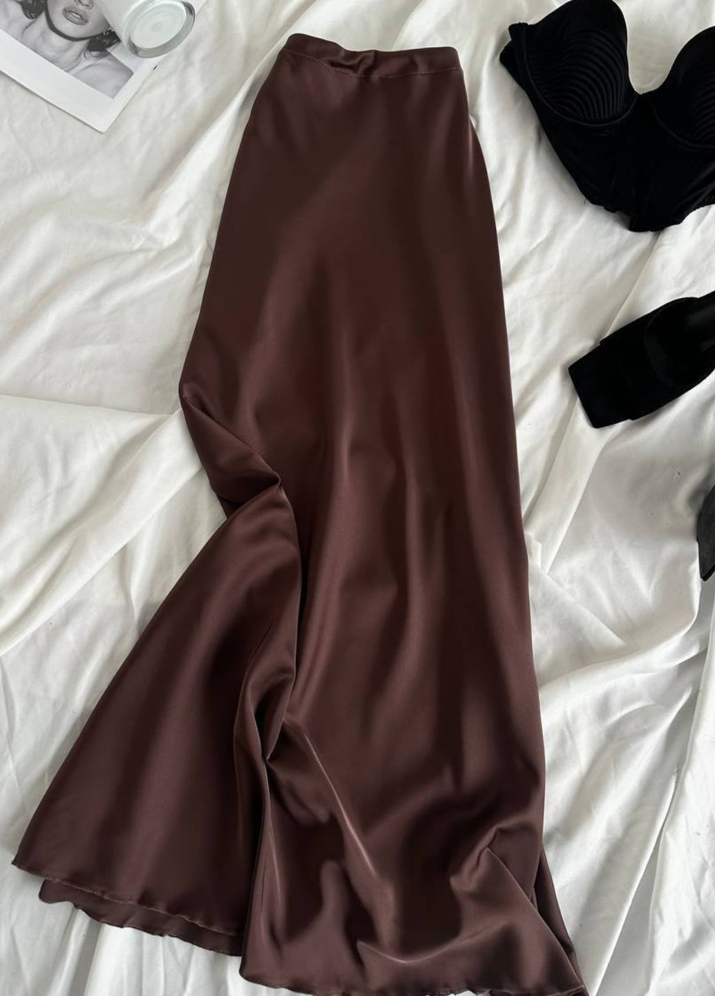 Коричневая повседневная однотонная изысканная повседневная шелковая макси юбка высокой посадки Tik-Tak