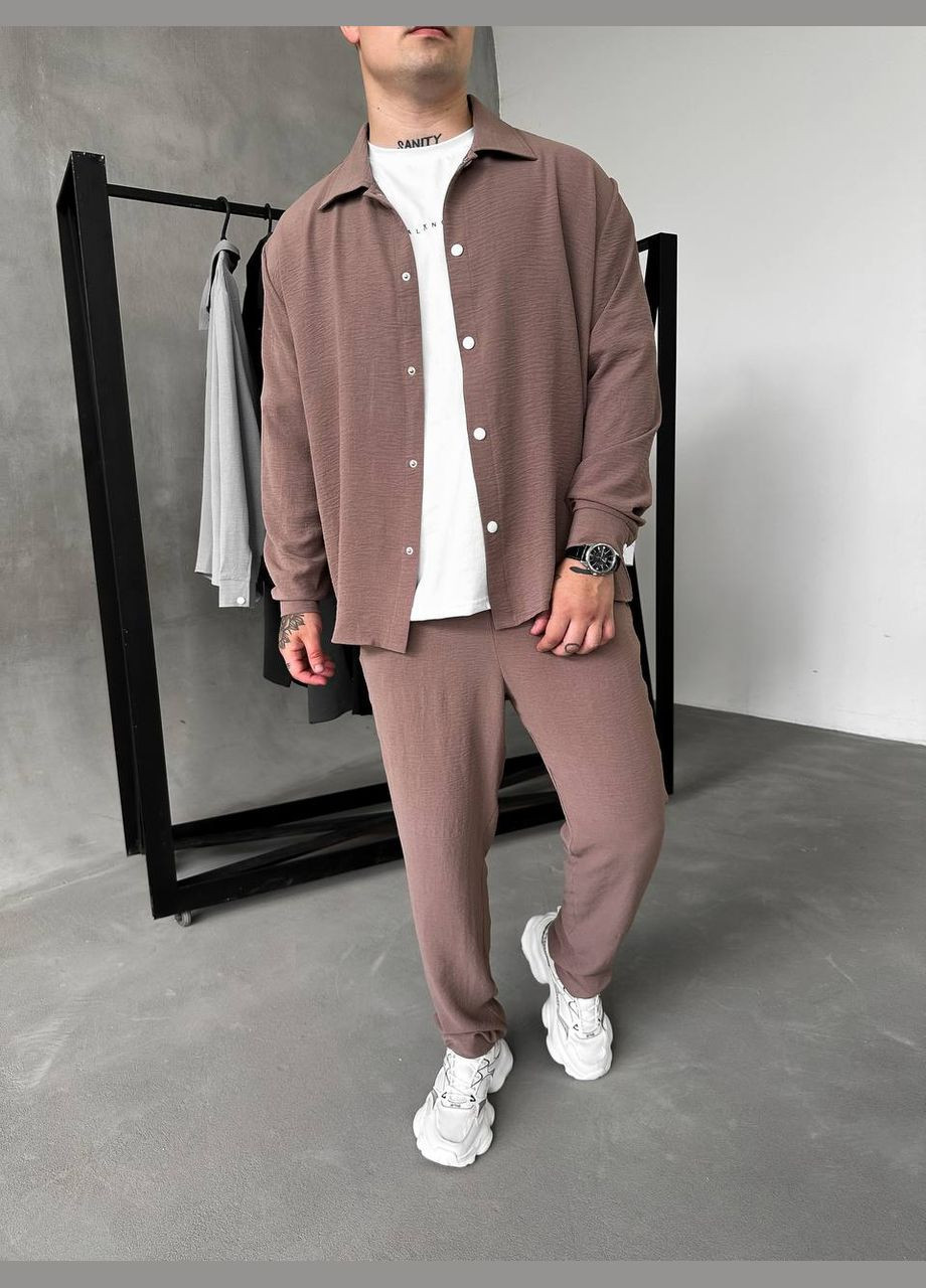 Темно-бежевый летний костюм: брюки и рубашка из легкого дышащего материала с рубашкой, брючный Україна