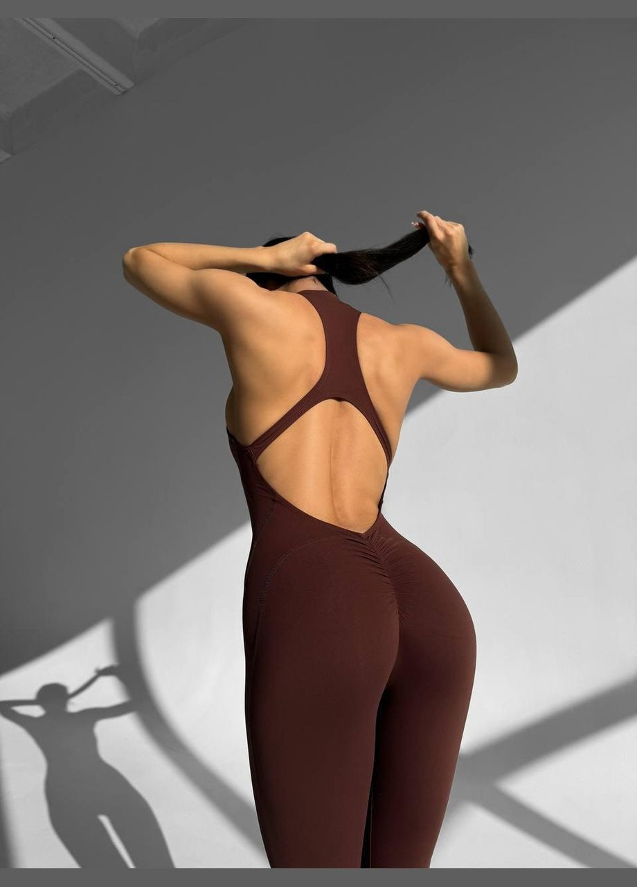 Спортивный комбинезон (длинный) с чашками и пуш-ап шоколадного цвета, размер S Trends комбинезон-брюки однотонный коричневый спортивный