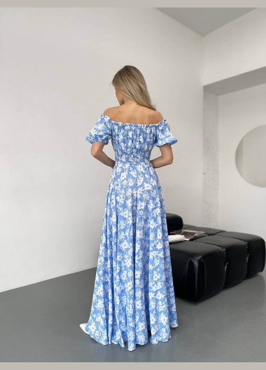Блакитна повсякденний, вечірня, кежуал жіноча сукня з відкритими плечима Style Point з квітковим принтом