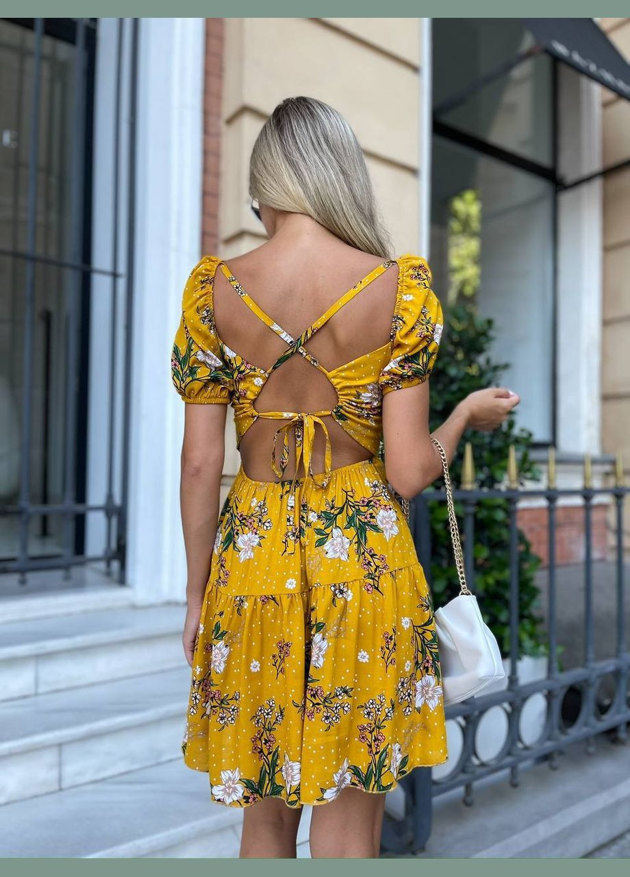 Гірчична повсякденний, святковий жіноча літня сукня у яскравому стилі бохо з відкритою спиною Україна з квітковим принтом