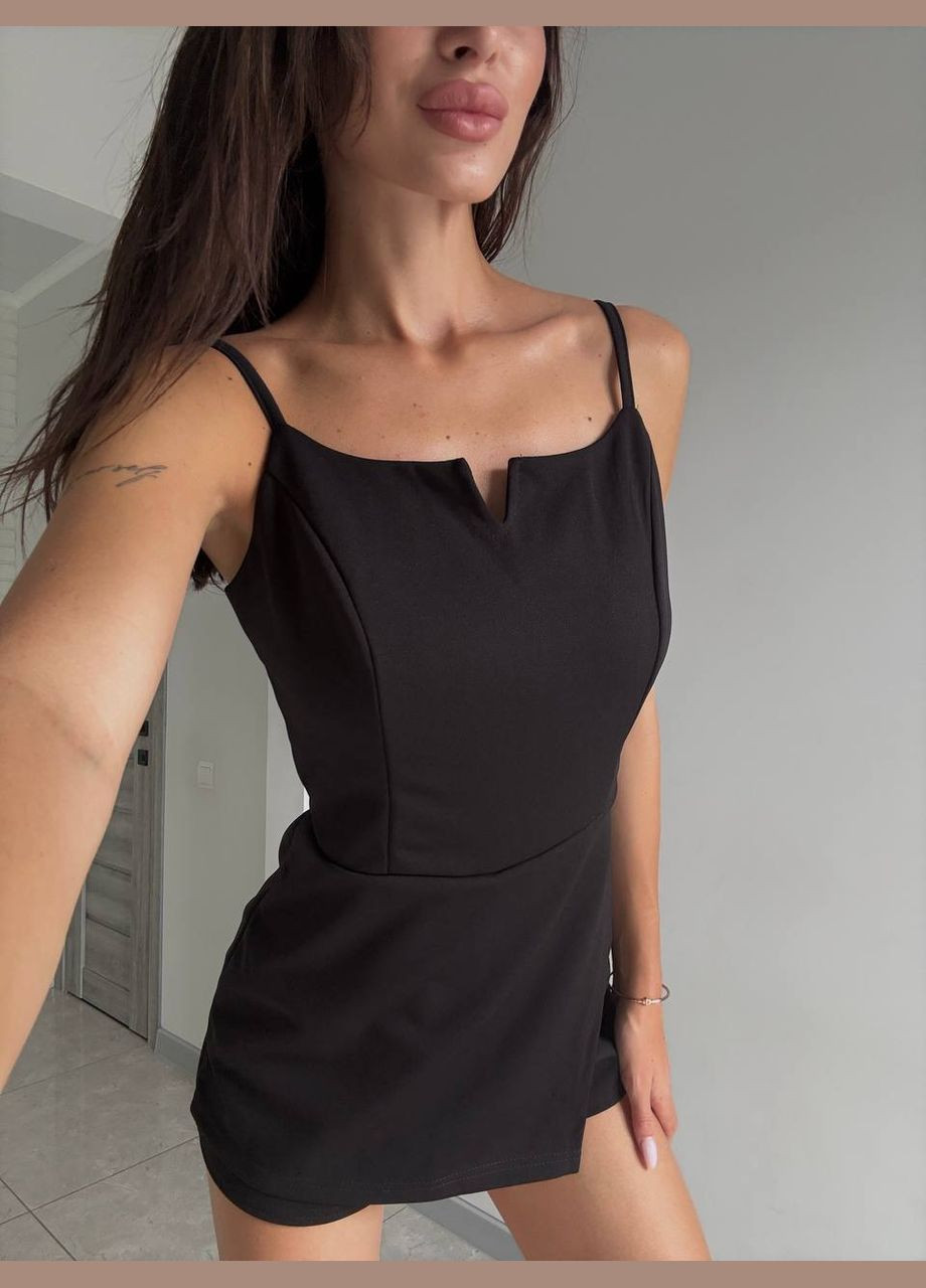 Комбинезон женский на запах Style Point однотонный чёрный повседневный, кэжуал, вечерний креп-дайвинг