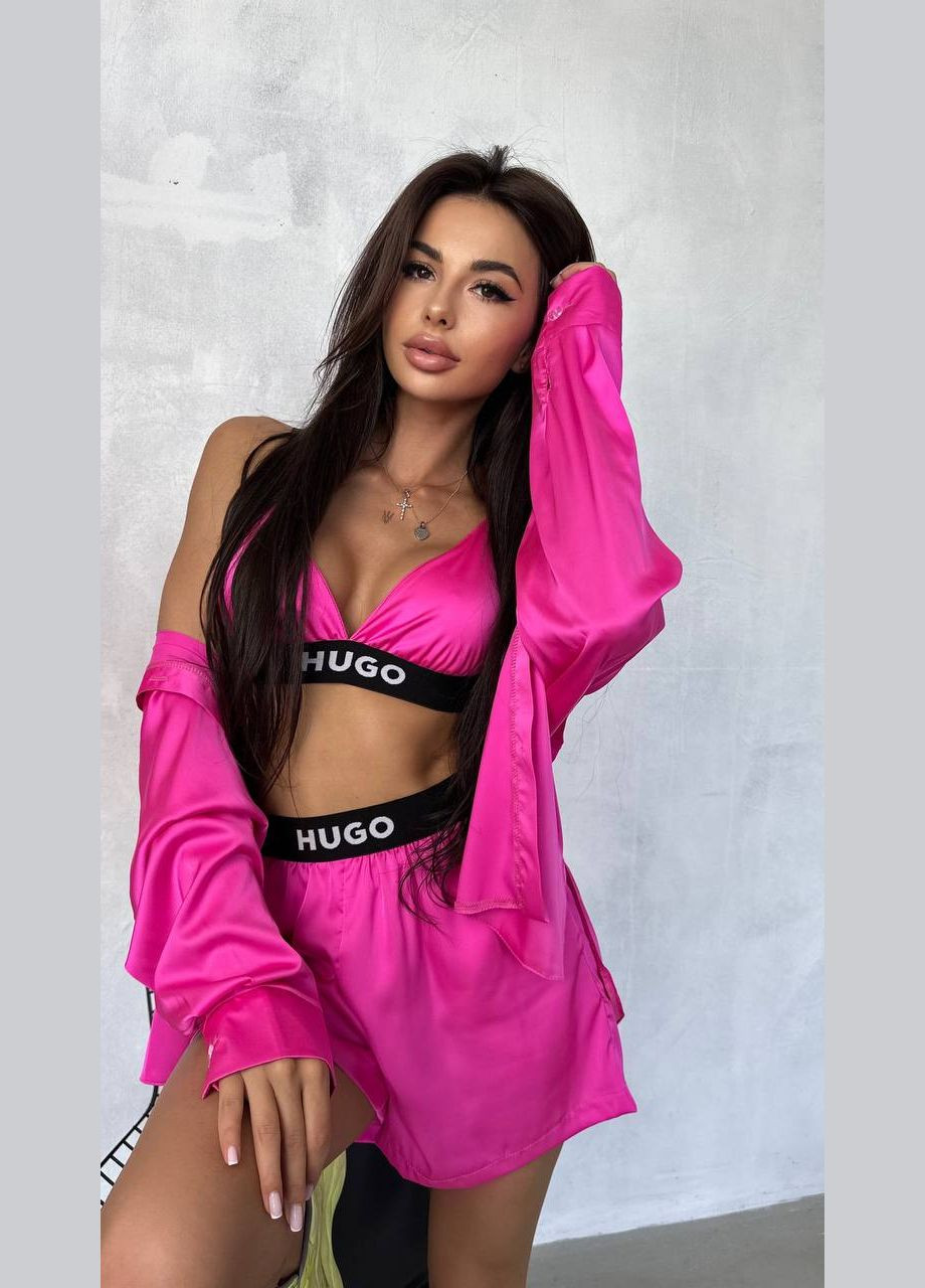 Розовый летний трендовый комплект hugo (шорты, рубашка, топ) для вечернего или повседневного образа, стильный костюм 3-ка из шёлка армани No Brand 146-2