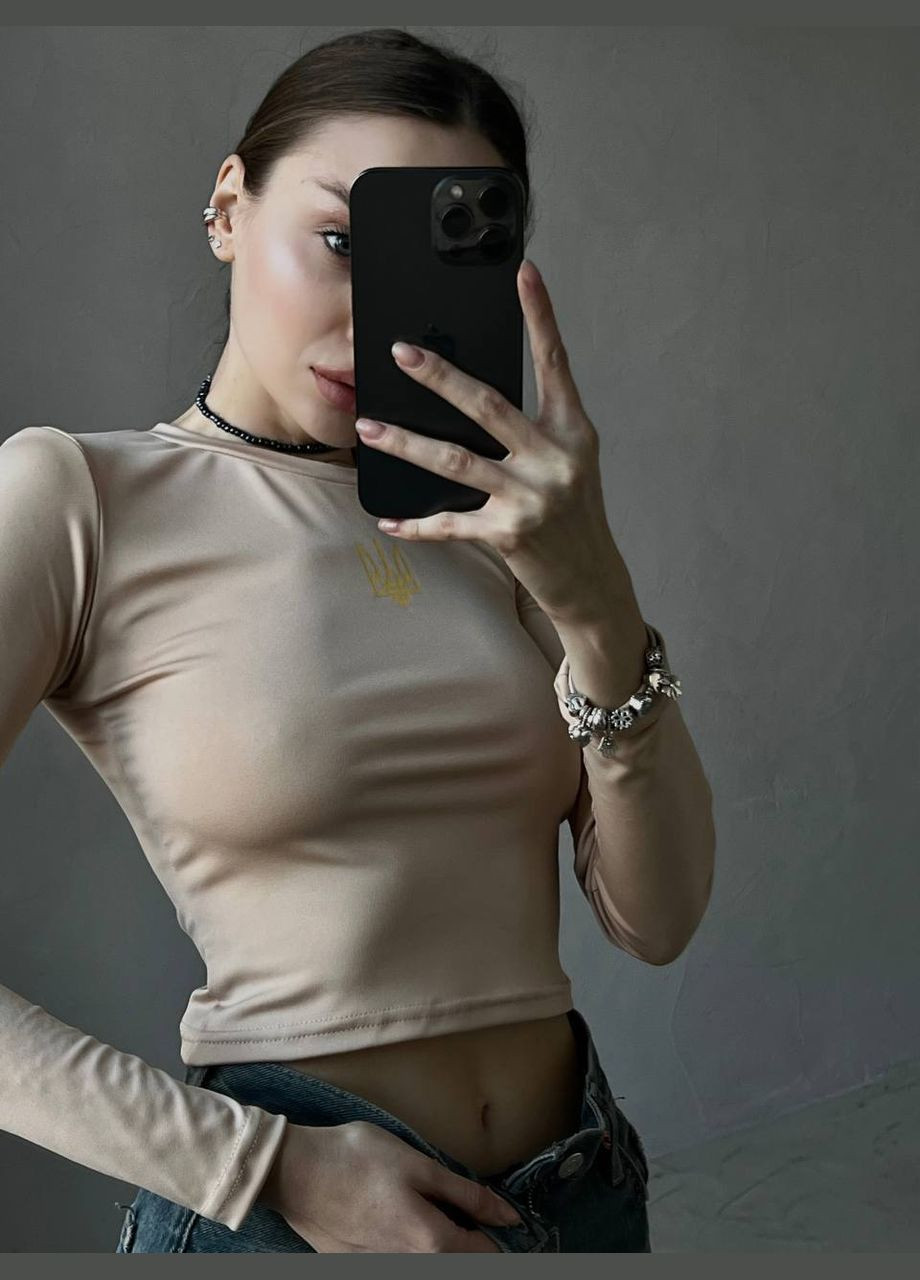 Патриотичный однотонный топик "Тризуб" из микродайвинга в одном размере 42-46,бежевый топ с гербом Украины на груди No Brand 1411-2 (301407568)