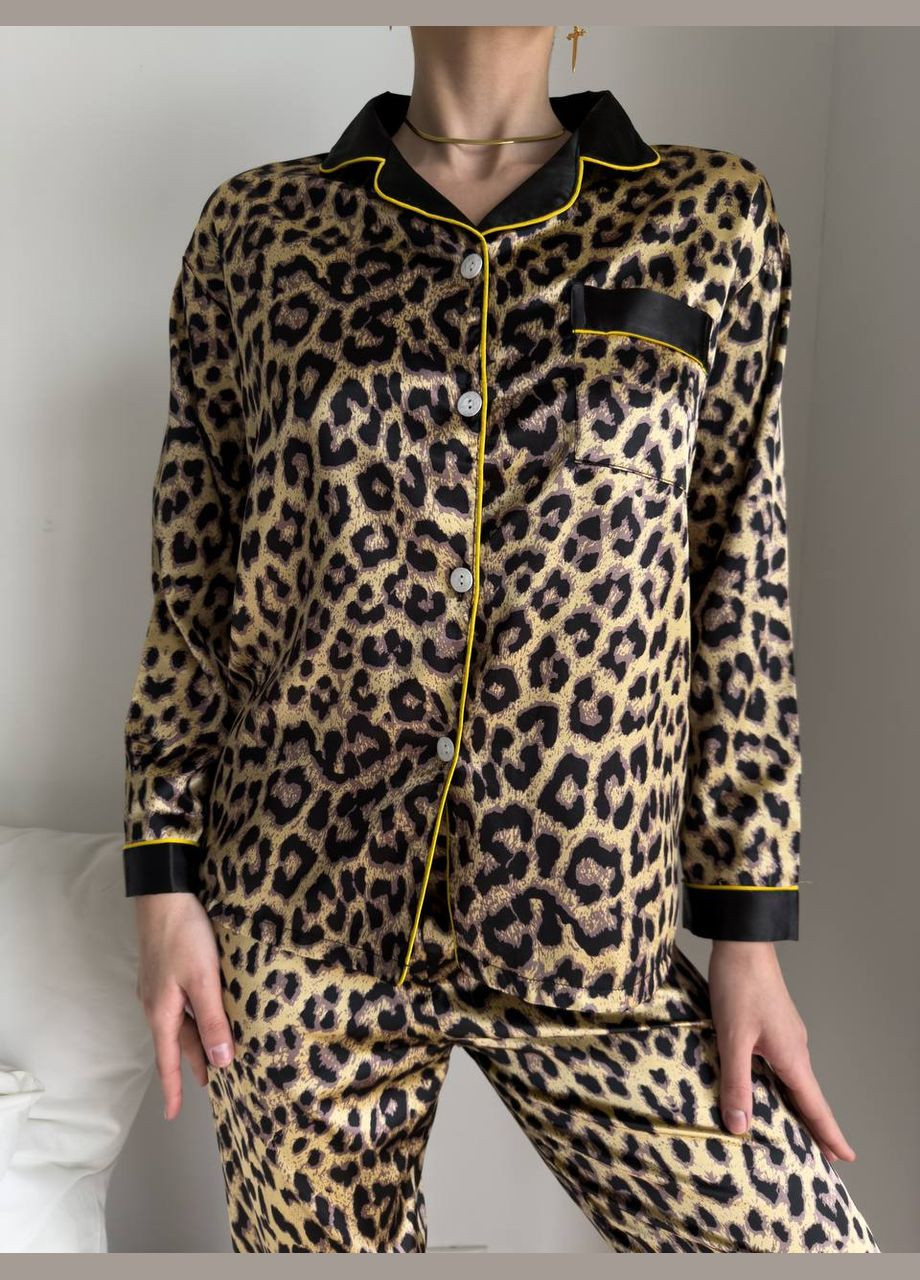Комбинированная всесезон стильная шелковая пижама с леопардовым принтом рубашка + брюки No Brand