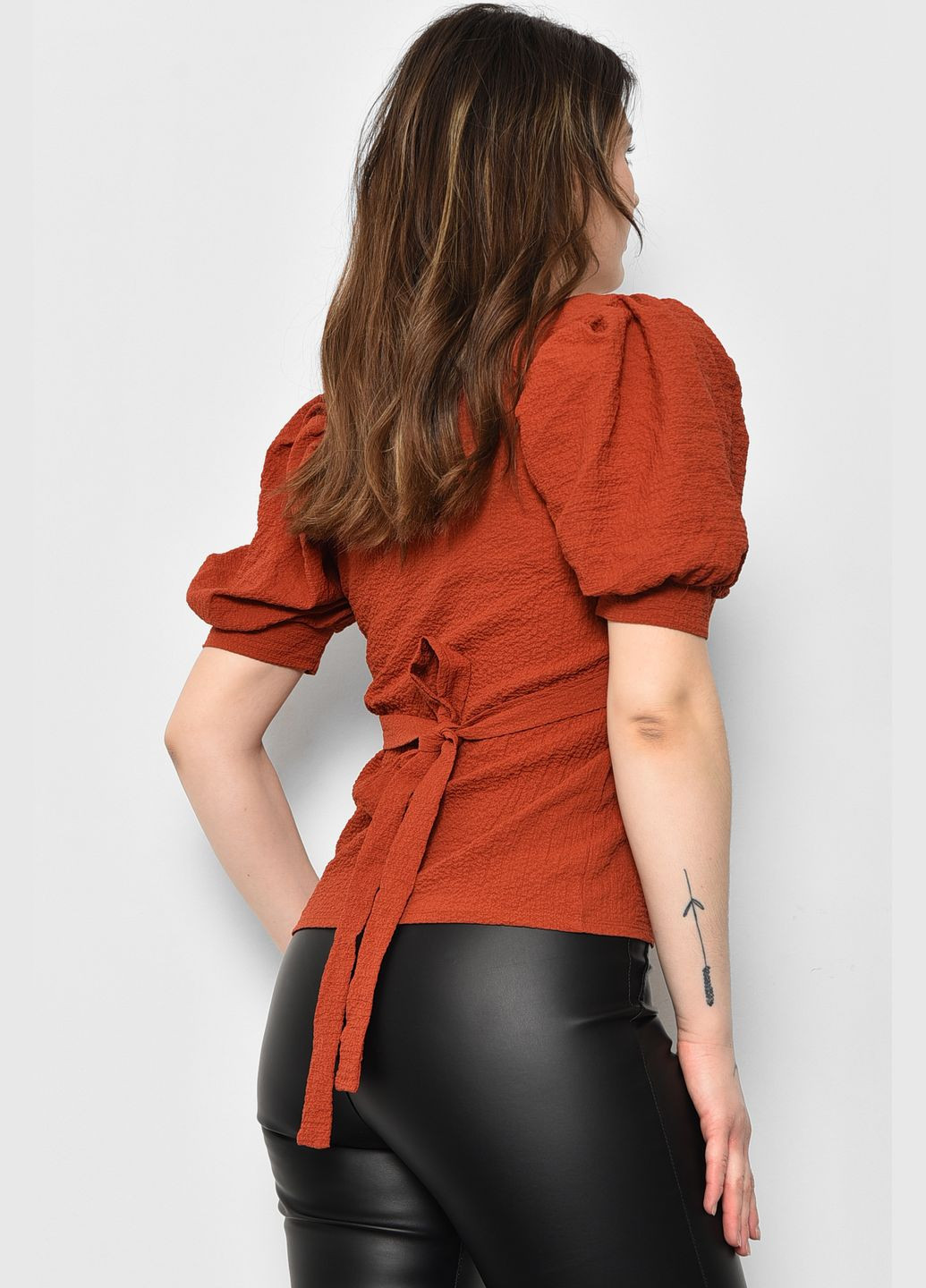 Терракотовая демисезонная блуза женская с коротким рукавом террактового цвета с баской Let's Shop