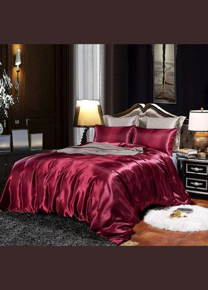 Постільна атласна білизна Полуторний 150 x 210 см Бордовий з простирадлом на гумці (В141402-1) No Brand (306633930)