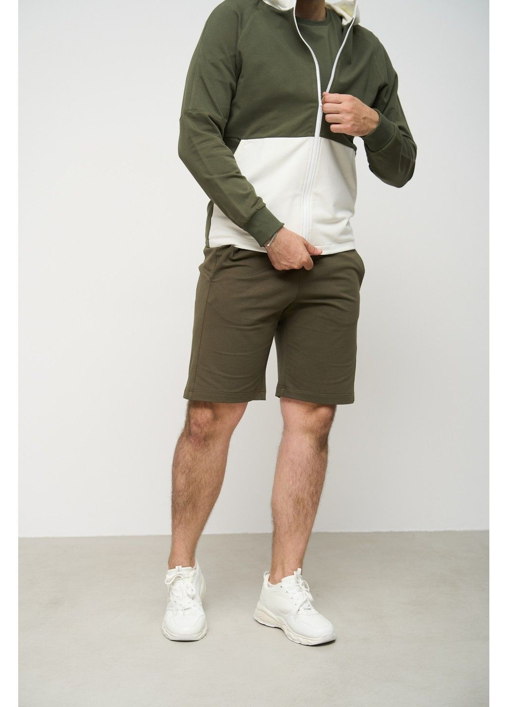 Спортивний костюм чоловічий літо SUMMER з кофтою на замку + шорти хакі молочний Handy Wear (293510739)