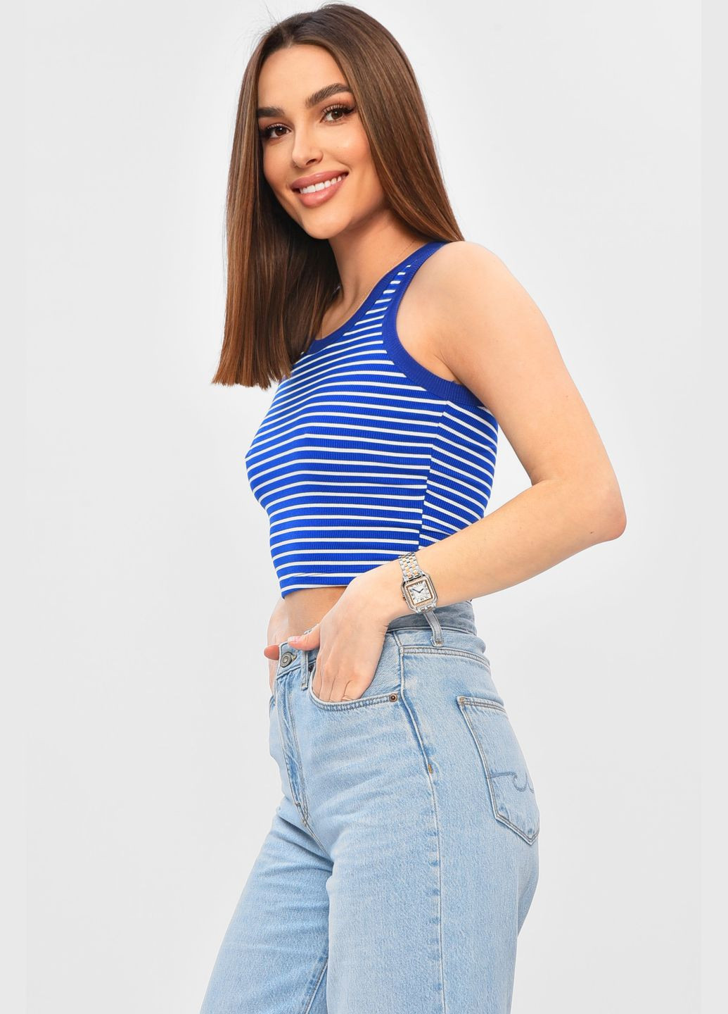 Майка женская в рубчик синего цвета в полоску Let's Shop - (331861869)