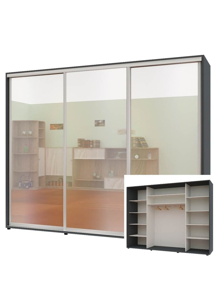 Шкаф-купе трехдверный Комфорт Мебель 260*60*240 см Графит 3 двери Зеркало Макси Комфорт Меблі (360432922)