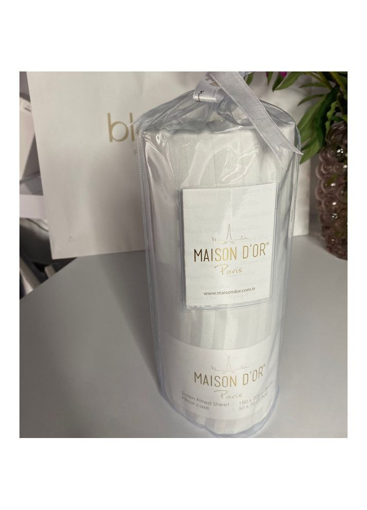 Простынь сатиновая white на резинке 180x200 + наволочки 2-50x70 Maison D'or (365720539)