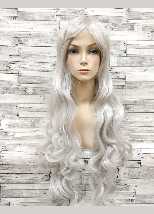Перука сіра попеляста довга хвиляста з довгим чубчиком жіноча для жінок 80см зі штучного волосся No Brand 3500 (303133413)
