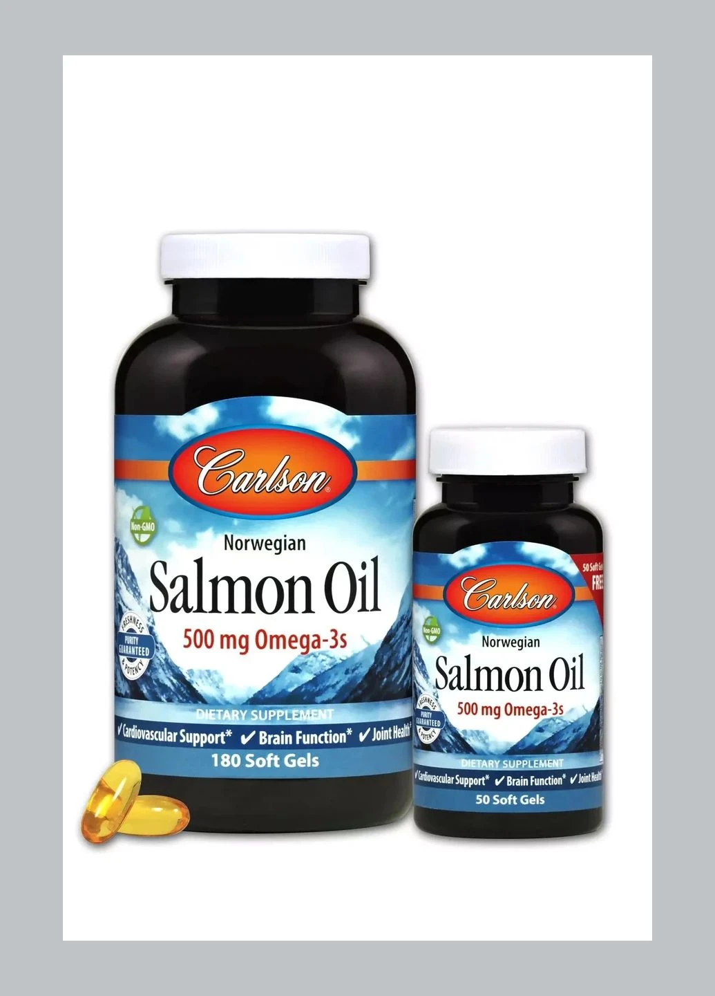 Норвежський Лососевий Жир, 500 мг, Norwegian Salmon Oil, Carlson, 180+50 желатинових капсул Carlson Labs (292138765)