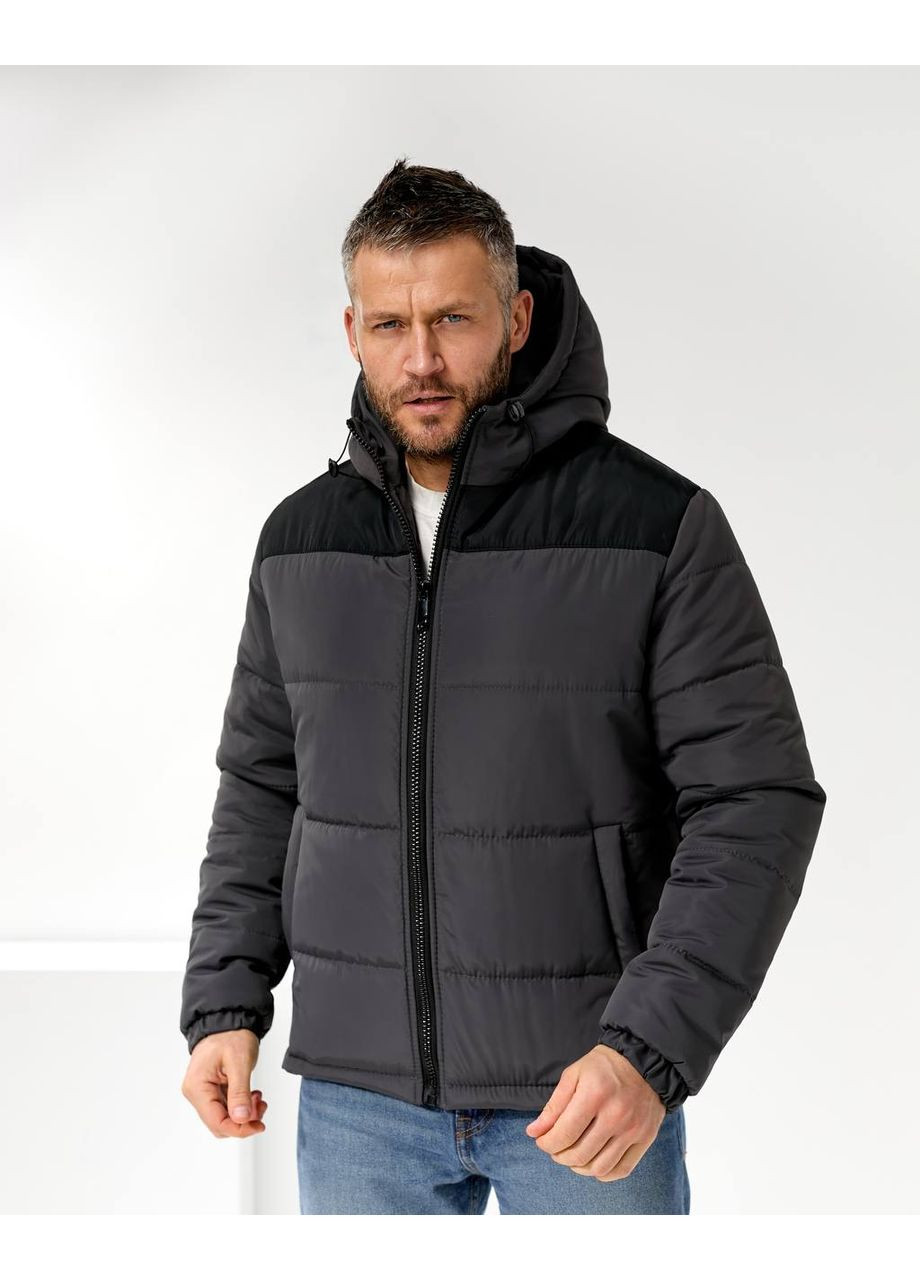 Графитовая мужская зимняя куртка с капюшоном и синтепоном — замеры в описании Vione